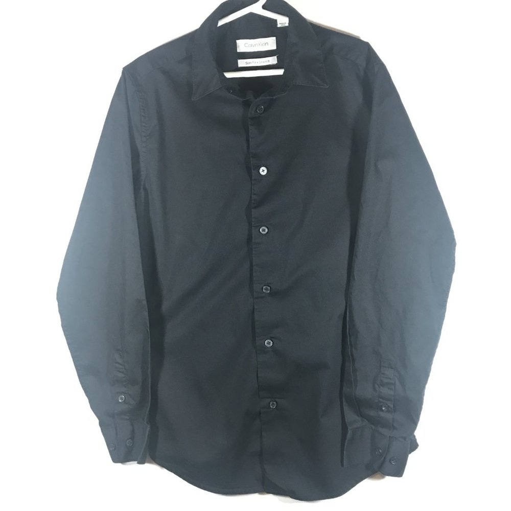 Calvin Klein Slim Fit + Stretch Boy's Dress Shirt 14 Black Button Up Long Sleeve